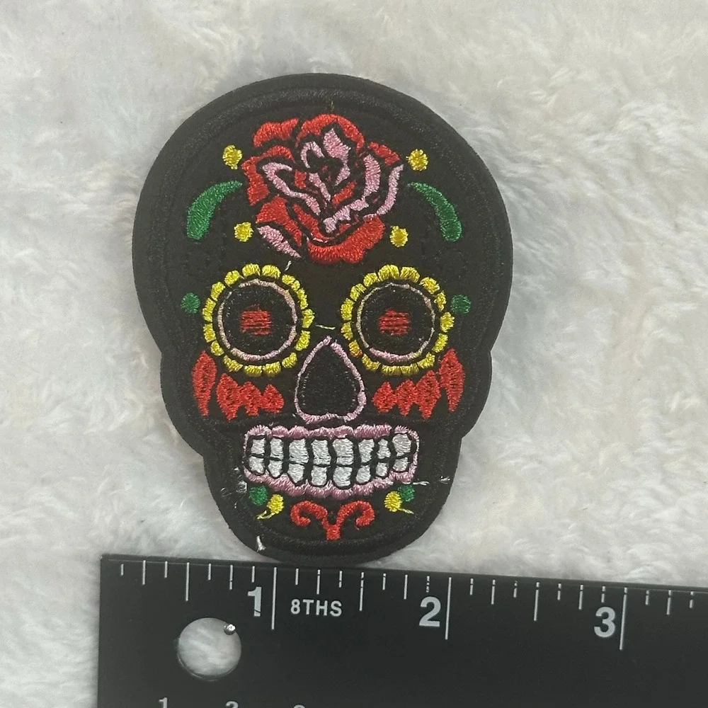 Sugar Skull Iron On Patch Unisex Black Floral Rose Day of the Dead Embroidered